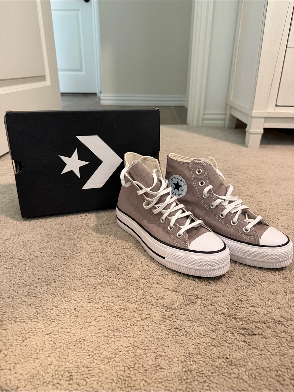 Converse High Top Sneakers - Taupe and White NEVER WORN (too big)